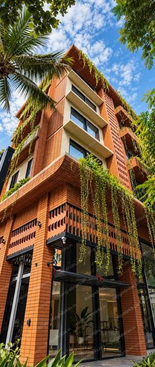 Mixed-use building, brick piers with perforated screens and hanging planting